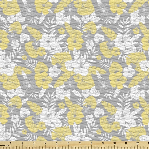 Luau Fabric by the Yard, Hawaiian Vegetation Flowers Abstract Summertime Botanical Composition, Upholstery Fabric for Dining Chairs Home Decor Accents, 3 Yards, Pale Yellow Pale Grey by Ambesonne