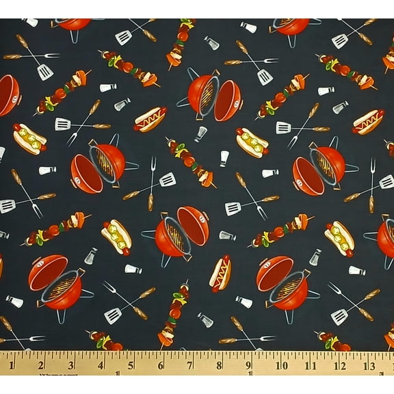 Cotton Grill Master Blank Quilting Grilling Hot Dogs Cooking Salt Pepper Kebabs Black Cotton Fabric Print by the Yard (3776-99)