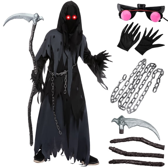 Joyfy Glowing Eyes Grim Reaper Costume for Kids, Dark Knight Reaper Phantom Costume for Halloween Dress Up Role Playing Cosplay 5-12 Years