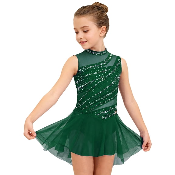 SiiRoh Kids Girls Lyrical Dance Dress Rhinestone Sheer Mesh Ballet Skirted Leotard Sleeveless Ice Skating Dress Dark Green 12