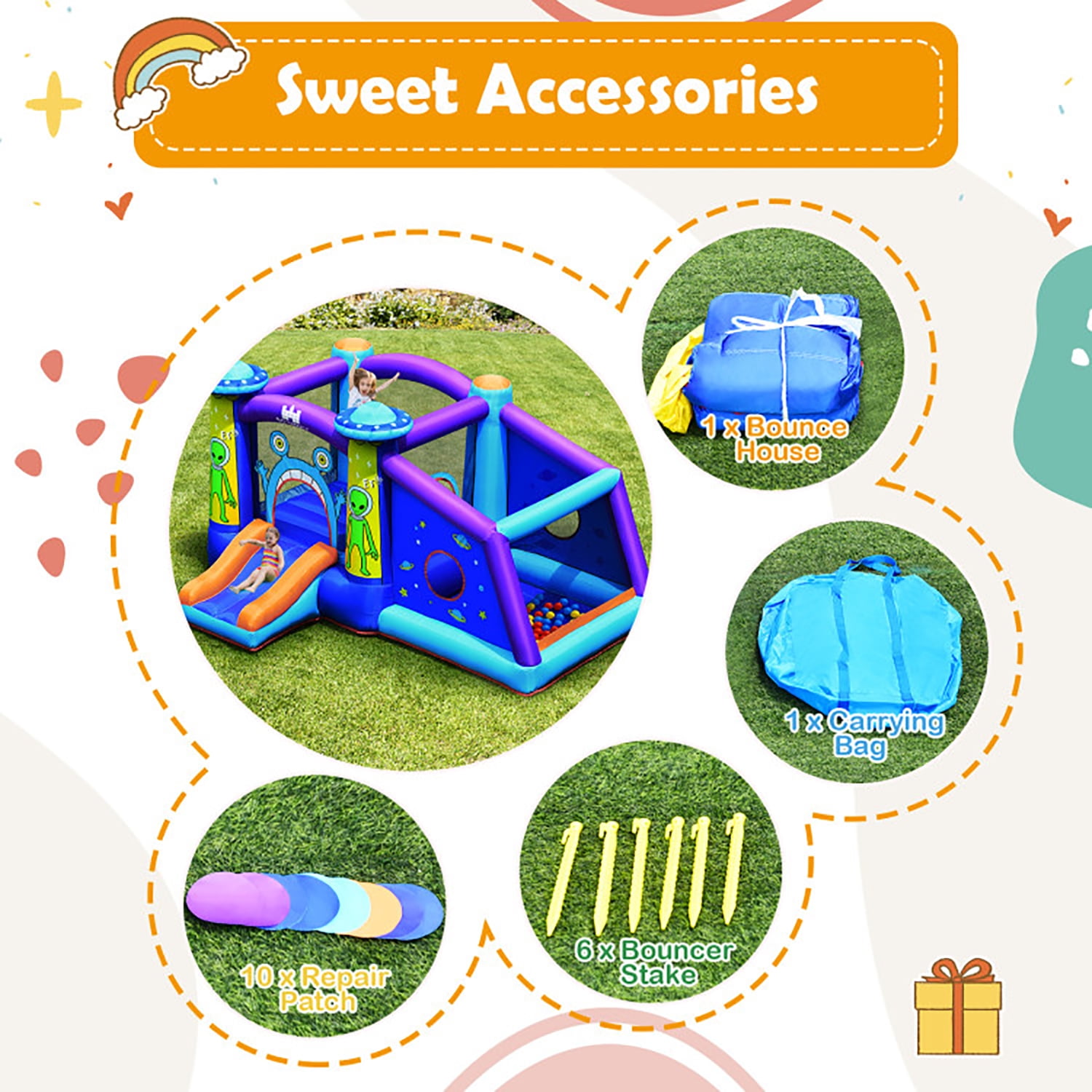 Aimee Lii Kids Inflatable Bounce House Aliens Jumping Castle without Blower, Kids Bounce House
