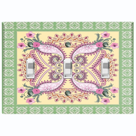 Metal Light Switch Plate Cover Green Pink Floral Paisley Circular Tile Pattern TIL086