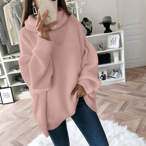 Ikevan Women'S Solid Casual O-Neck Shoulder Pocket Knitted Sweater Knitwear Top Pink XL