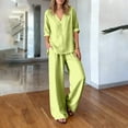 thumbnail image 5 of Lumtrix Linen Sets For Women 2 Piece Summer Long Sleeve V Neck Shirts Matching Wide Leg Lounge Pants with Pockets Beach Vacation Outfits Green XL, 5 of 6