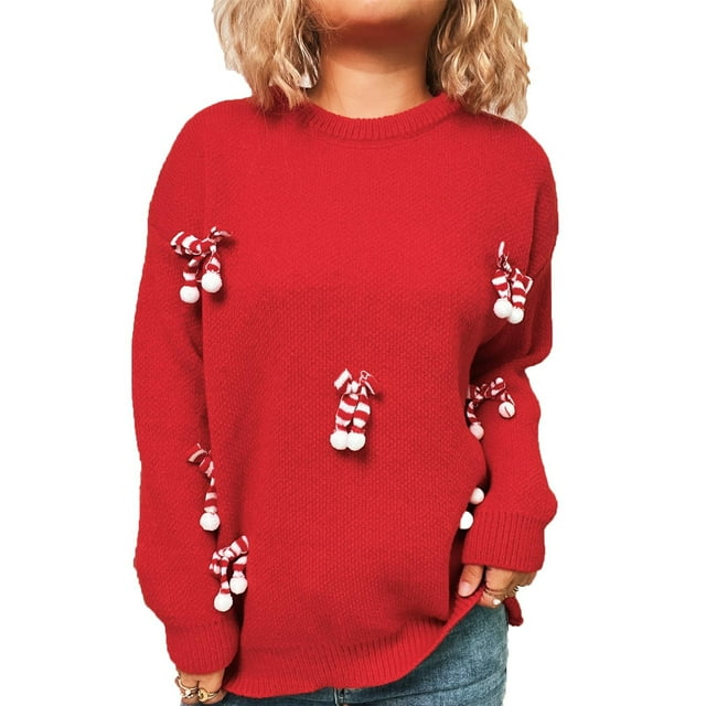 BLVB Chandail Tricoté Mignon à Col Rond pour Femmes Laid Christmas Sweater pour Fête des Fêtes Cadeaux de Noël pour Femmes