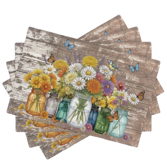 Placemats Set of 4,Summer Washable Heat Resistant Linen Place Mats 12×18, Rustic Daisy Vintage Flower Vases Decorative Table Mats for Dining Table and Kitchen