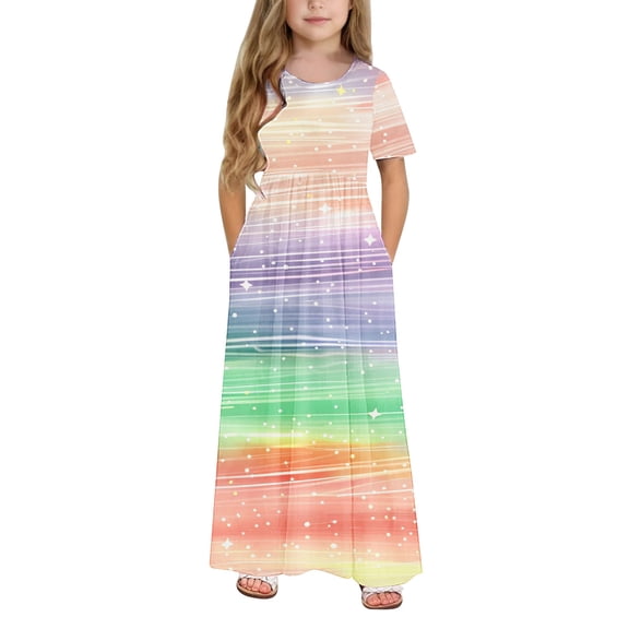 ATOGUTA Girls Ruffled Dresses Short Sleeve Floral Print Loose Casual Long Maxi Dress with Pockets Multicolor, Size 4-14 Years