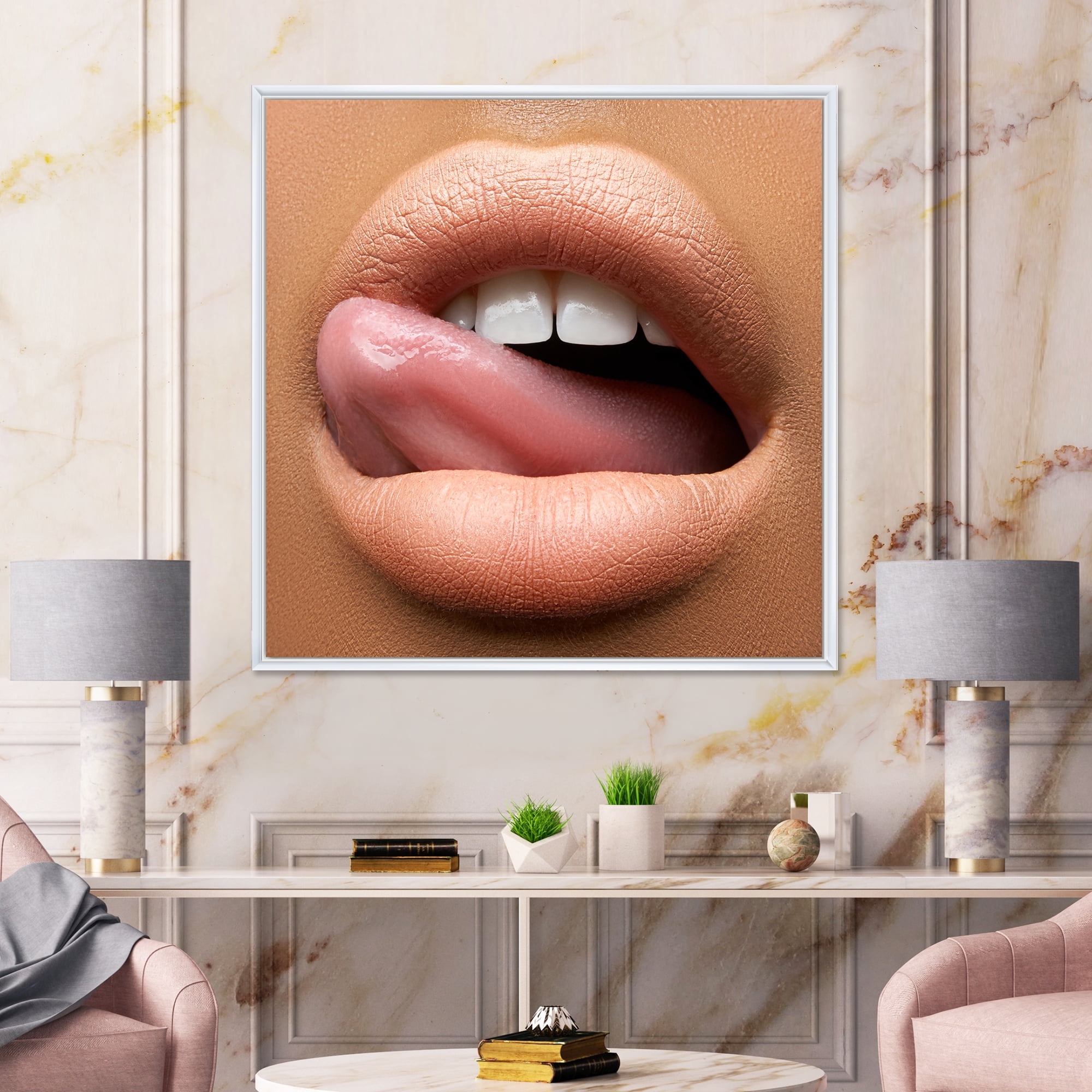 Beautiful Dark Skinned Female Tongue Touching Lips 16 in x 16 in Framed Photography Canvas Art Print, by Designart