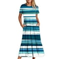 thumbnail image 2 of Penkiiy Women's Summer Casual Short Sleeve Crewneck Striped Print Dress Casual Flowy Tiered Maxi Beach Dress With Pockets M Sky Blue, 2 of 5