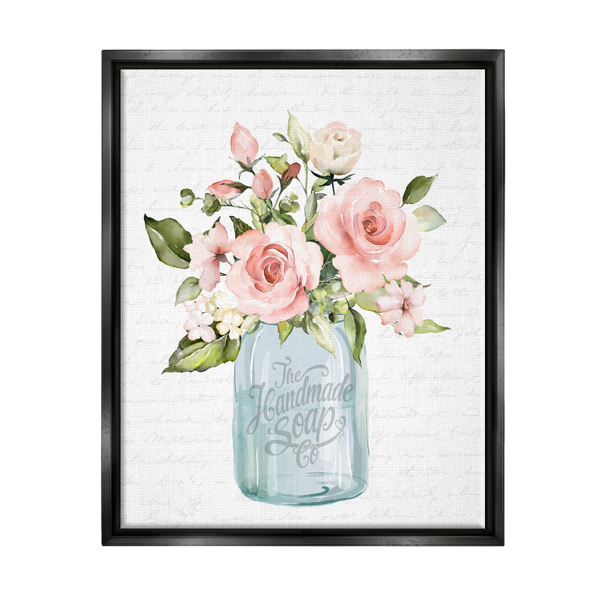 Stupell Industries Pink Rose Blooms Country Vase Patterned Script Graphic Art Luster Gray Floating Framed Canvas Print Wall Art, Design by Lettered and Lined