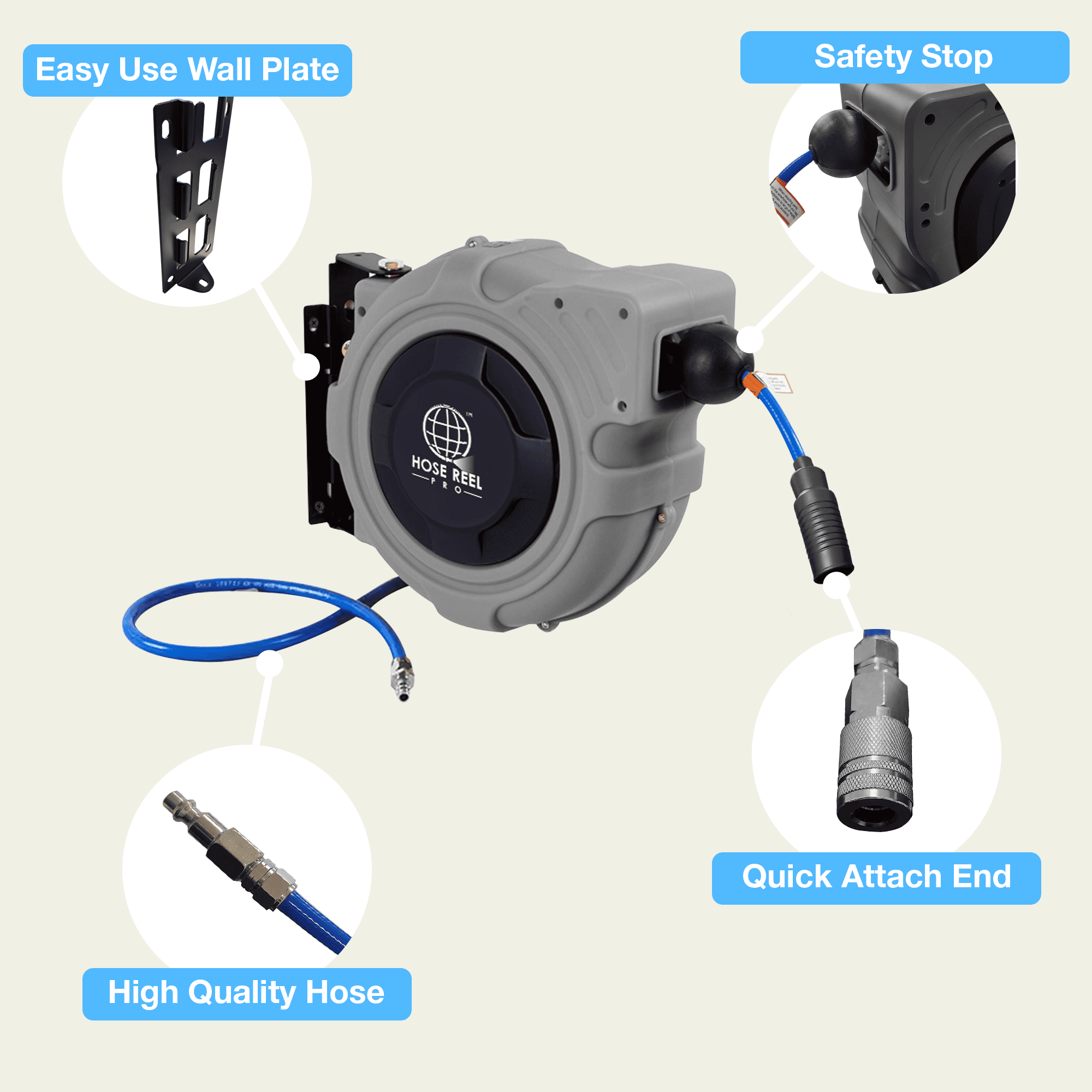 Hose Reel Pro 30ft Air Hose Reel | Wall Mounted | Max 300PSI | Grey