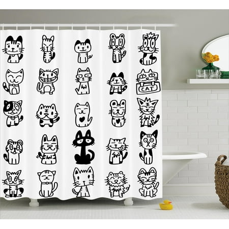 Funny Cat Images - Cat Shower Curtain, Hand Drawn Sketchy Cats with Happy Face Gestures Comic Creatures Funny Art Print Image, Fabric Bathroom Set with Hooks, Black White, by Ambesonne