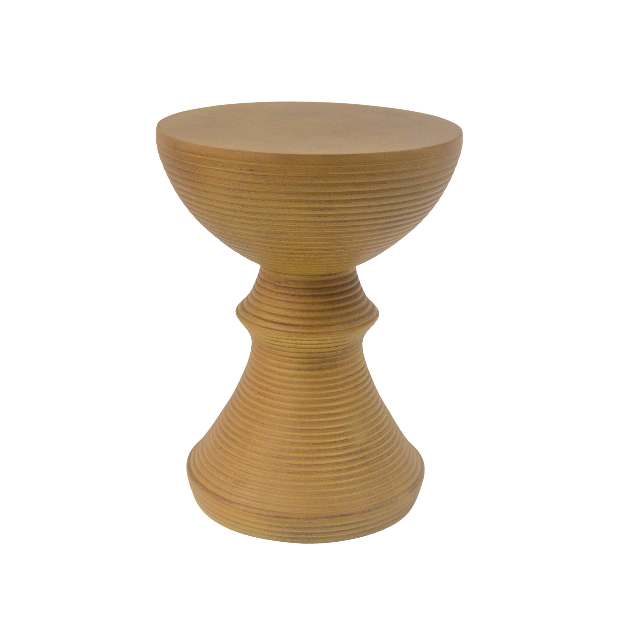 Hourglass Concrete Side Table, 16 Inch Ribbed Outdoor End Table for Patio Garden, Natural