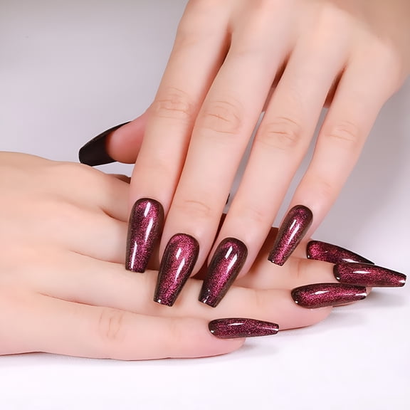 RAGUPEL 2026 New Green Press on Nails Long Coffin Fake Nails Cat Eye False Nails with Glitter Designs Glossy Acrylic Nails Full Cover Reusable Stick on Nails Jelly Press on Nails for Women 24Pcs