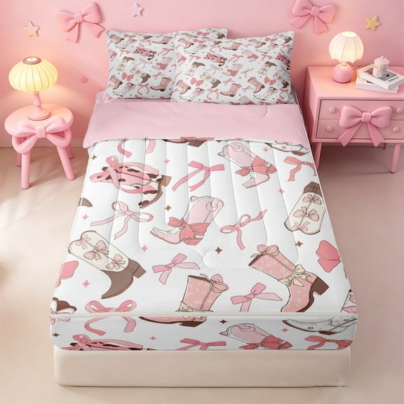 meiyoeat Pink Ribbon Bows Zipper Twin Comforter Sets with Fitted Sheet and 2 Pillowcases For Girls,Fashion Western Cowgirl Boots Zipper Bedding Set For Kids,Pink Reversible,4-Piece