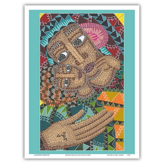Mother Mary and the Child - Hand Painted Mosaic - Vintage Religious Art c.1980s - Master Art Print (Unframed) 9in x 12in