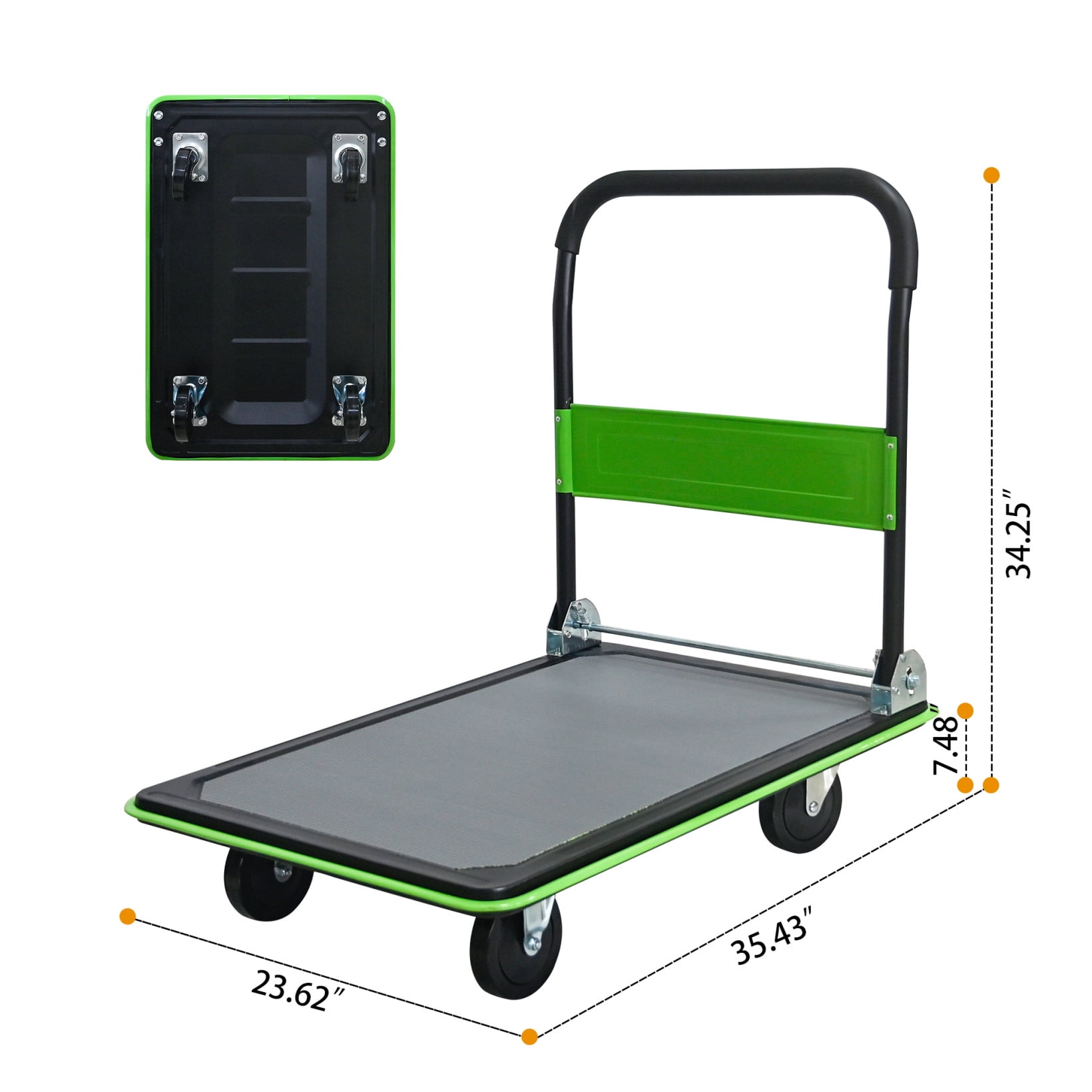 Foldable Flatbed Cart, 660LBS Heavy Duty Capacity Platform Hand Truck with 360 Degree Swivel Wheels, Foldable Push Hand Cart for Loading, Storage, Warehouse, Green