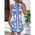 thumbnail image 5 of Blue And White Womens Halter Neck Sleeveless A-Line Mini Dress, Elegant Floral Print, Summer Vacation Style, 5 of 8