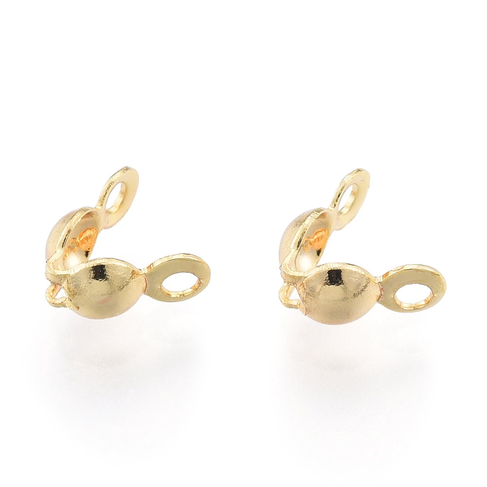 Brass Bead Tips Nickel Free Calotte Ends Clamshell Knot Cover Real 18K golden Plated 7.5x3.5mm Hole: 1.5mm