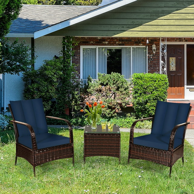 Gymax Ensemble de Conversation en Rotin pour Patio 3 Pcs Ensemble de Meubles d'Extérieur avec Table Coussins