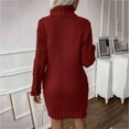 thumbnail image 6 of Women's Sweater Dress Knit Dress Long Sleeve Turtleneck Solid Color Cable Knit Casual Winter Dress for Holiday,Wine,L, 6 of 7
