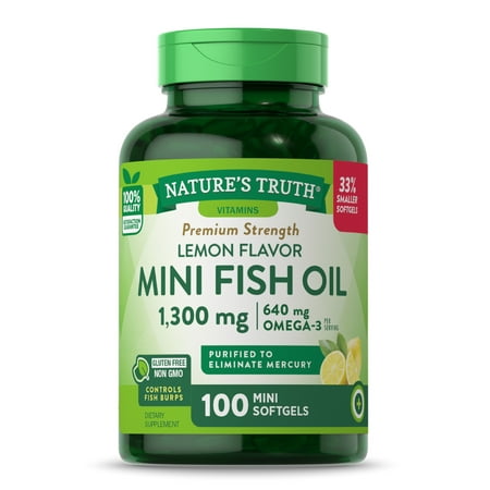 Mini Fish Oil Omega 3 | 1300 mg | 100 Softgels | Burpless Lemon Flavor Pills | Non-Gmo. Gluten Free Supplement | By Nature's Truth
