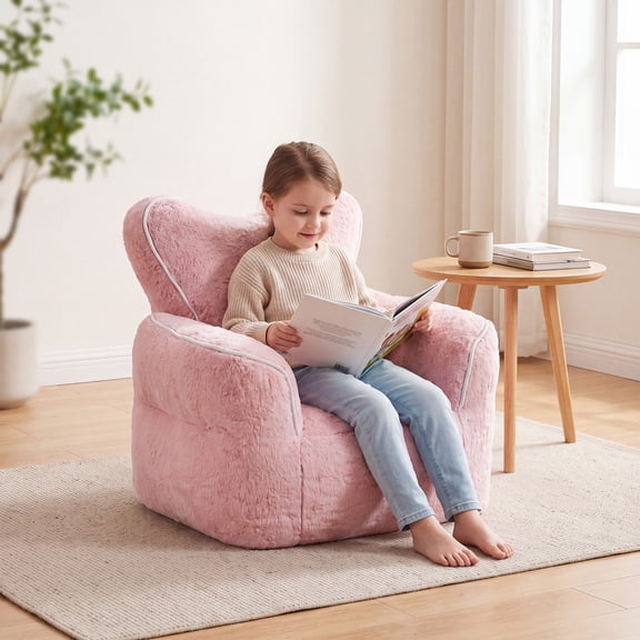 Venuezy Bean Bag Chair for Kids, Comfy Teddy Fleece Beanbag Chair with Heart-Shaped Backrest, Cute Color Block Lazy Sofa for Girls and Boys, Reading Chair for Bedroom, Living Room, Pink 1