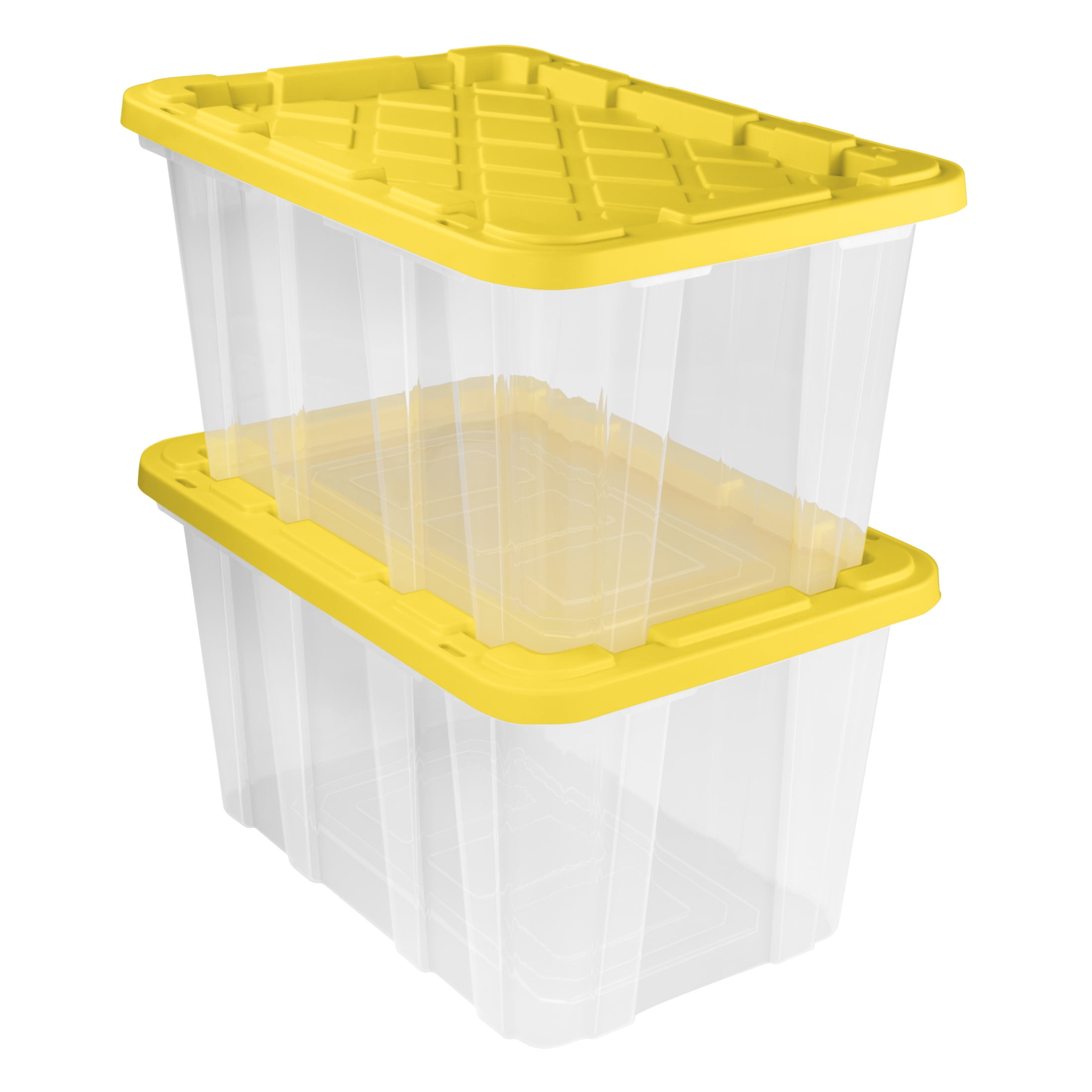 Sterilite Large Industrial Storage Tote, 27 Gallon Durable Clear Plastic Storage Bin with Snap-Fit Lid, Yellow, 4 Pack