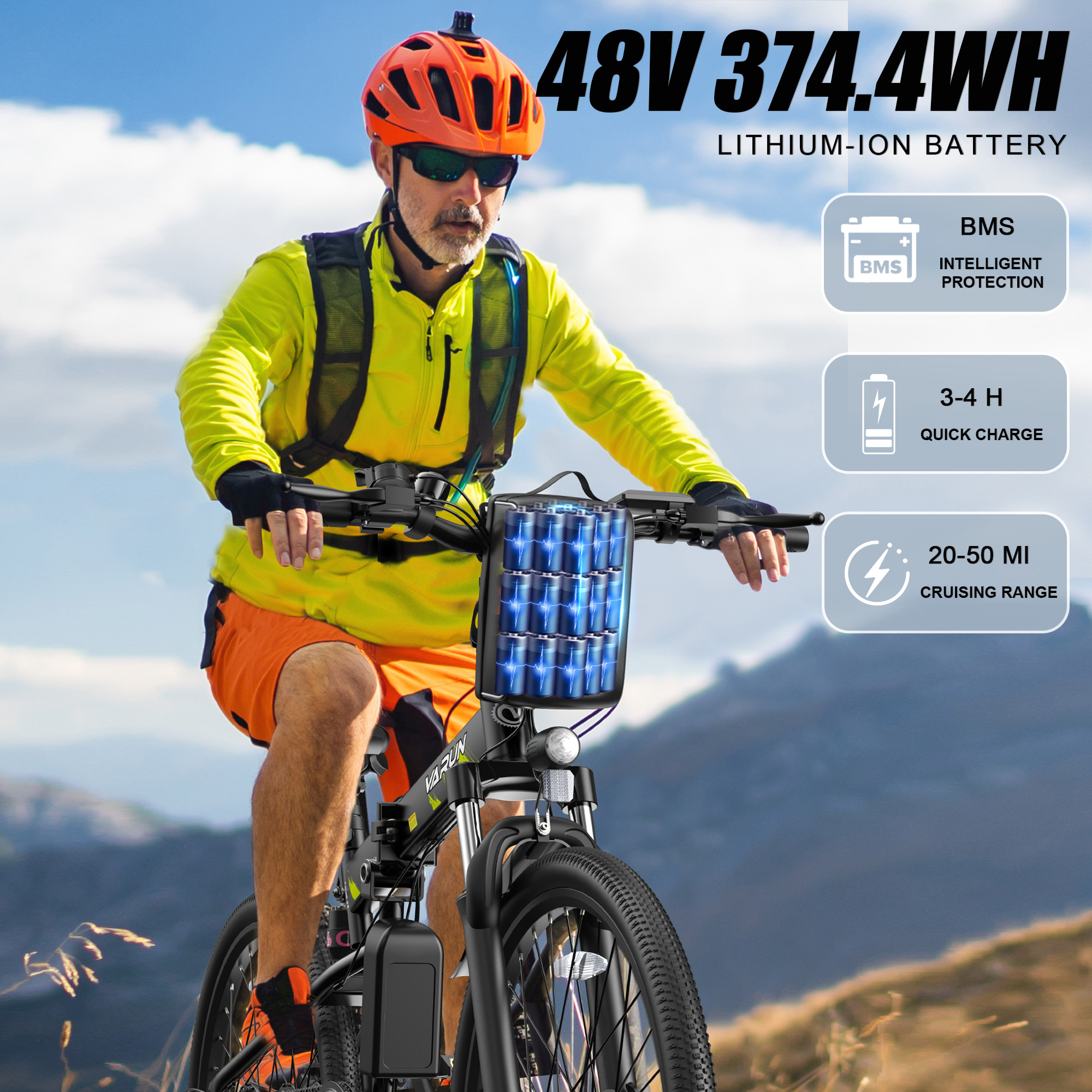 VARUN Electric Bike, 26" Foldable EBike for Outdoor Riding, Peak 750W Motor, 48V 374.4Wh Removable Battery, Up to 20+ mph and 50 Miles, 7-Speed Gears, Full Suspension, E Bike for Adults, UL2849