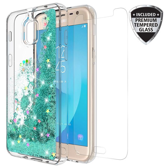 Samsung Galaxy J3 Achieve/J3 Star/J3 V 2nd Gen./J3 2018/Express Prime 3/Sol 3/Amp Prime 3 2018 Case With Tempered Glass Screen Protector, KAESAR Quicksand Glitter Case for SM-J337