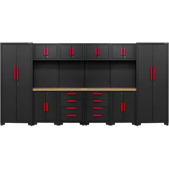 HPDMC 12-Piece Garage Storage Cabinet System - Heavy Duty Steel Workshop Organizer with Corner Cabinet, Workbench, & Pegboard for Tool Organization - Black & Red