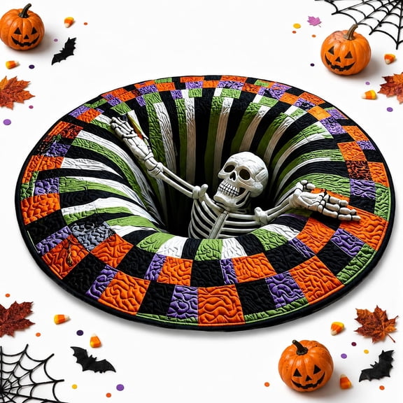 OYPGUE 3D Halloween Rug, Skeleton Round Optical Illusion Mat with Non-Slip Backing