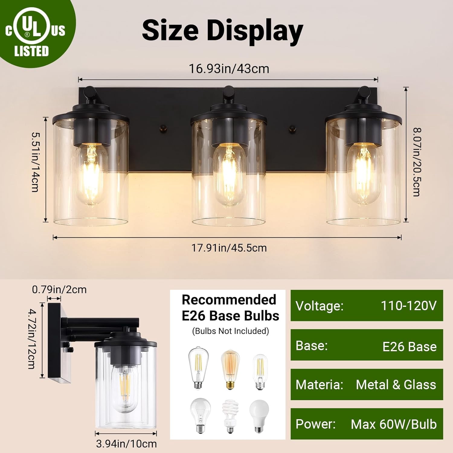 3-Lights Bathroom Vanity Light Fixtures, Modern Black Vanity Lights Over Mirror with Clear Glass Shade for Bathroom, Wall Mounted Lamp for Bedroom Hallway Living Room