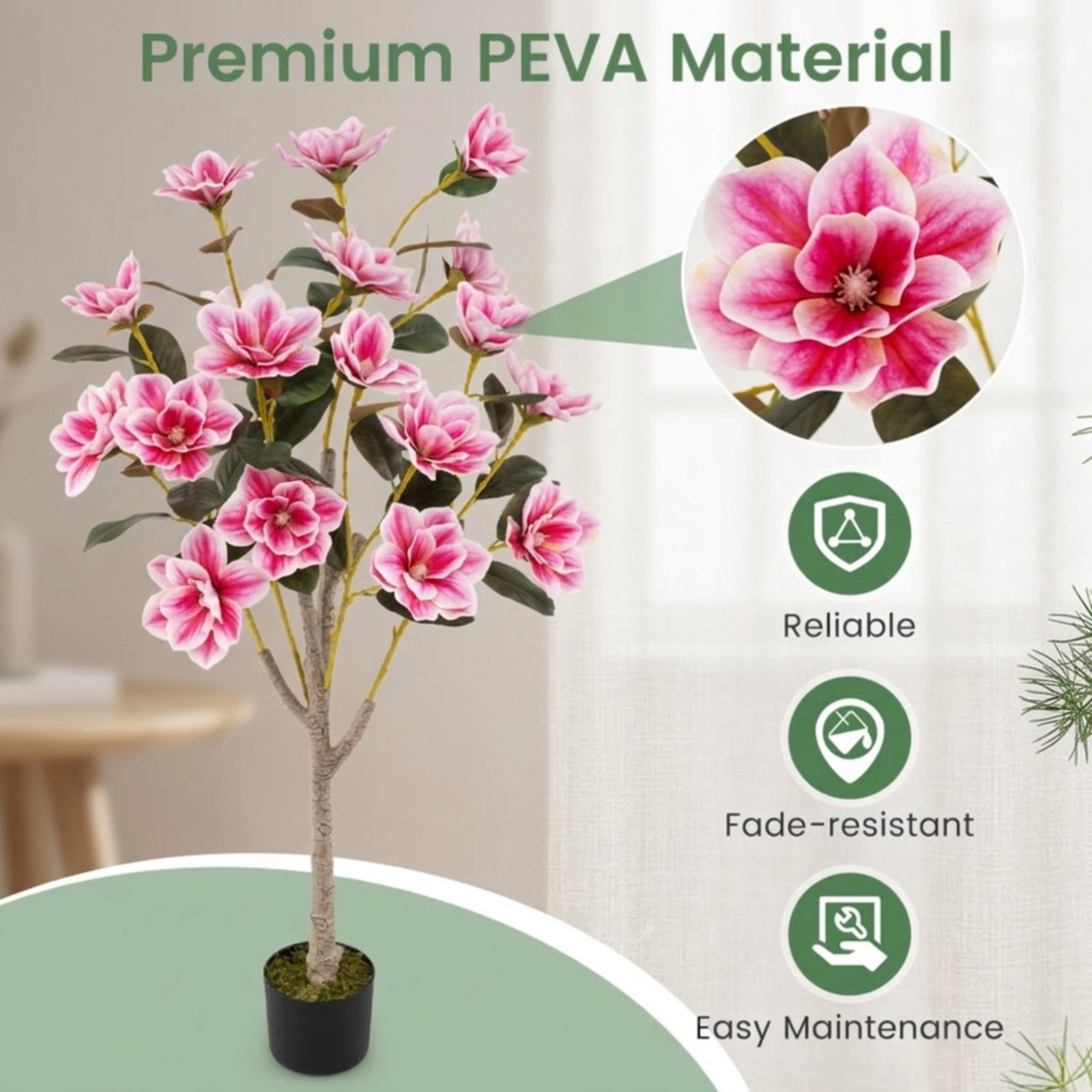 Vebreda 51 in Artificial Magnolia Tree, Faux Potted Flowering Plant with 18 PEVA Magnolia Blooms and Cement-Filled Pot, Indoor Home Office Wedding Decor, Pink