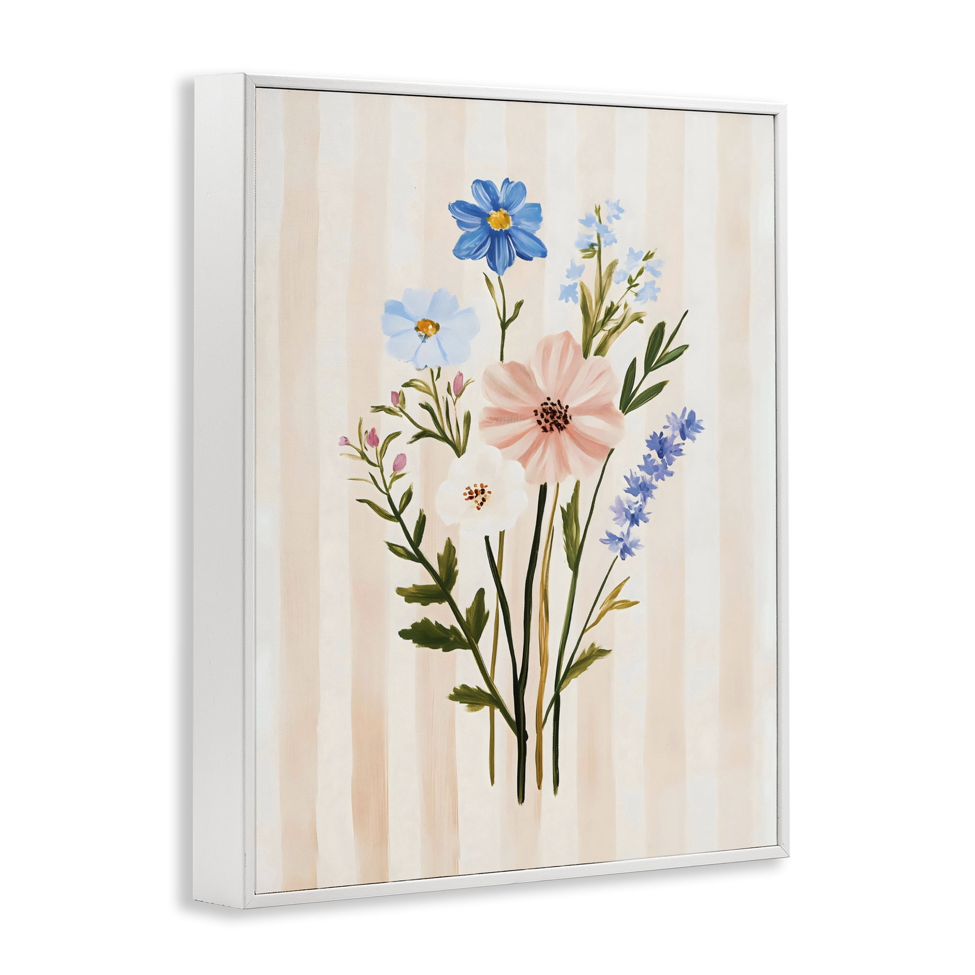 Stupell Industries Cream Stripe Florals White Framed Giclee Art, design by The Prints Vibe