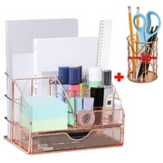 Desk Organizers and Accessories for Women, All In One Metal Mesh Office Supplies Decor Makeup Organizer Storage Desktop Organizer with Large Sliding Drawer Pen Holder for Home Office School Rose Gold