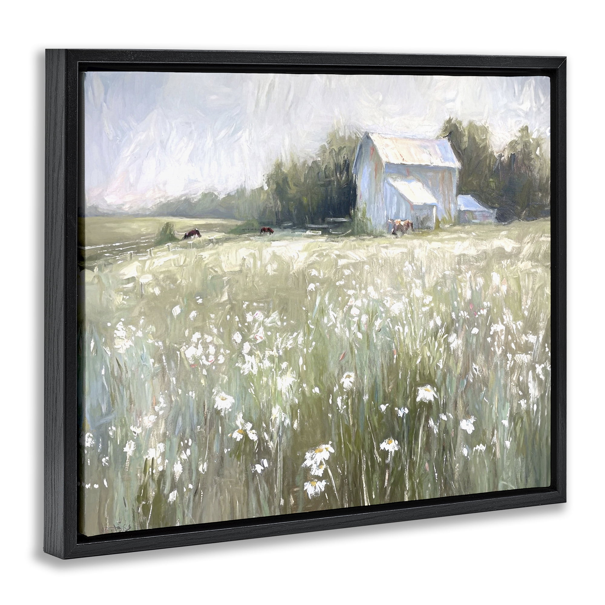 Stupell Industries Peaceful Pasture Meadow Landscape Painting Black Floater Framed Canvas Art Print Wall Art, 21 x 17