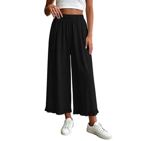 hlysgo Womens Linen Palazzo Pants Ruffle Wide Leg Cropped Flowy Casual Loose Fit Summer Beach Trousers with Pockets Black,L