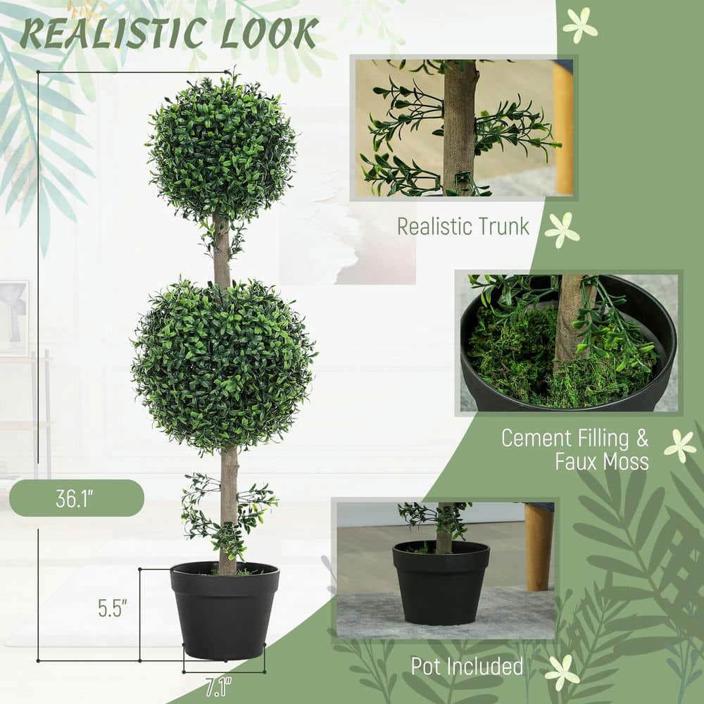 Yardi Yarda 36 Inch High Artificial Ball Boxwood Topiary Trees Set of 2, Fake Plants in Pot for Indoor, Green
