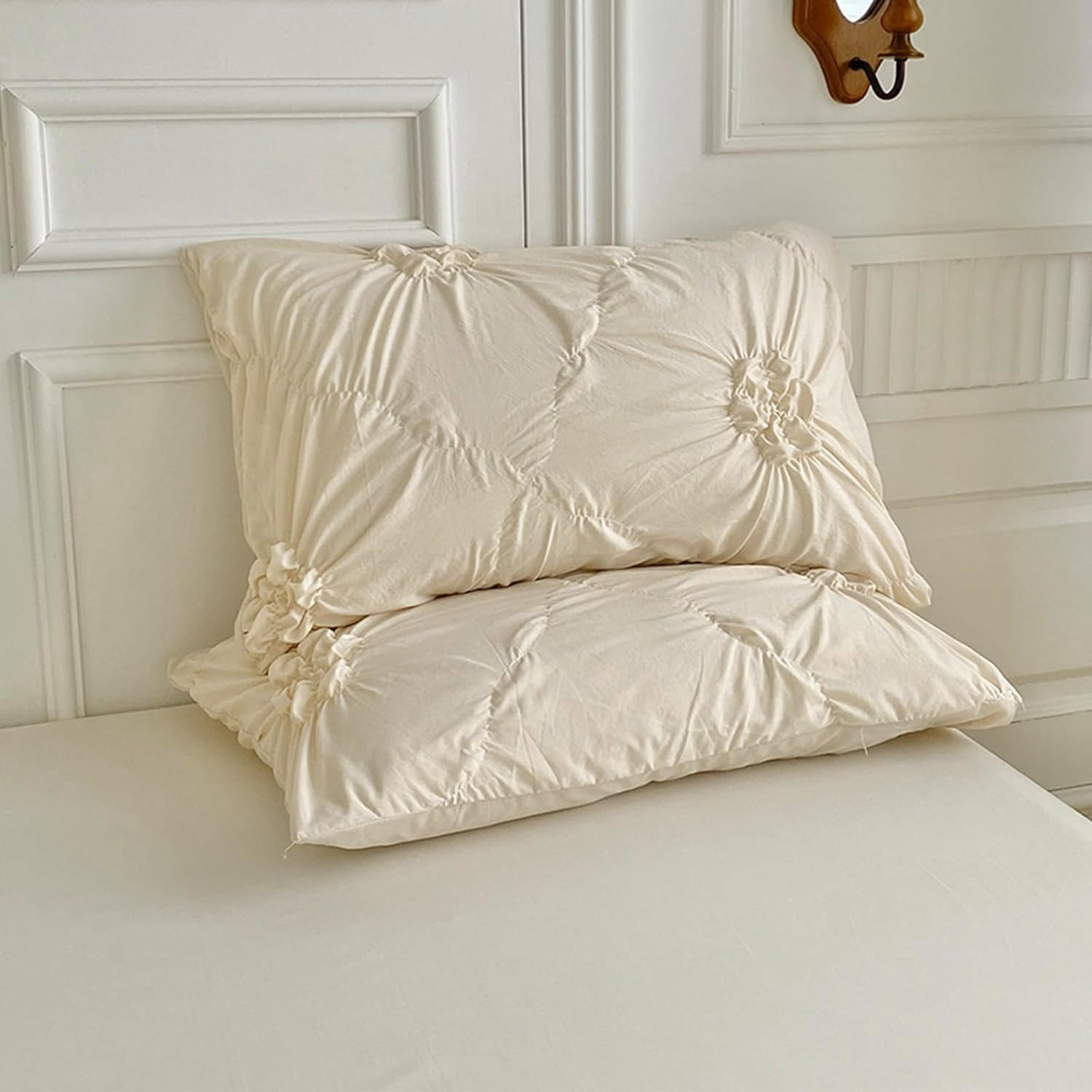 Rustic French Style Textured Flower Pinch Pleated Beige Duvet Cover Set Solid Luxury Bedding Sets,King Size
