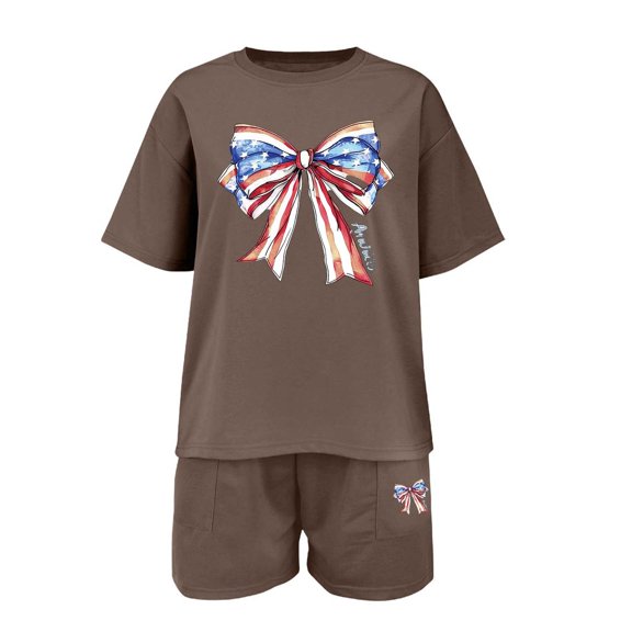 Ruyang Teenager American Outfits Boys Girls Summer 2 Piece Shirts Short Sets Sports Cotton Clothes Suits Cute Bow Print Shirt