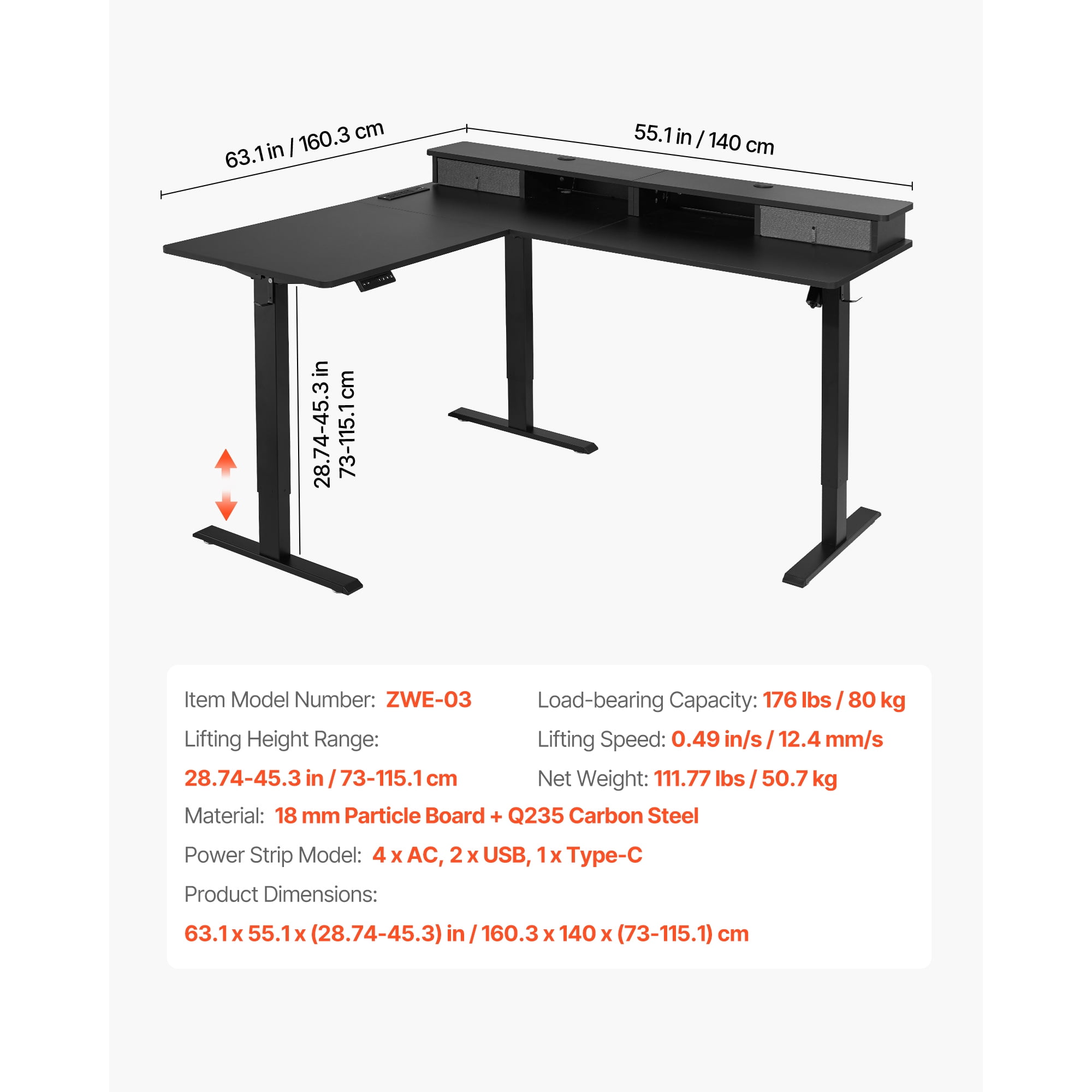 KFFKFF L-Shaped Electric Height Adjustable Desk, Corner Gaming Desk with CPU Stand, Dual Hooks, Fabric Drawers, and Light Strip, Computer Table for Home Office, Easy Assembly, Black