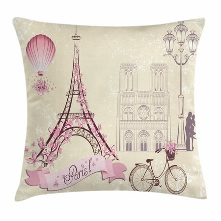 - Kiss Throw Pillow Cushion Cover, Floral Paris Symbols Landmarks Eiffel Tower Hot Air Balloon Bicycle Romantic Couple, Decorative Square Accent Pillow Case, 16 X 16 Inches, Ivory Pink, by Ambesonne