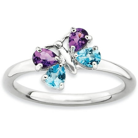 Stackable Expressions Blue Topaz and Amethyst Sterling Silver Polished Butterfly Ring
