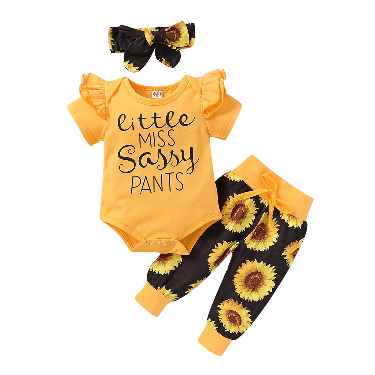 Tianhaik Infant Baby Girl Sunflower Little Miss Sassy Pant Outfits Short Sleeve Romper Headband 