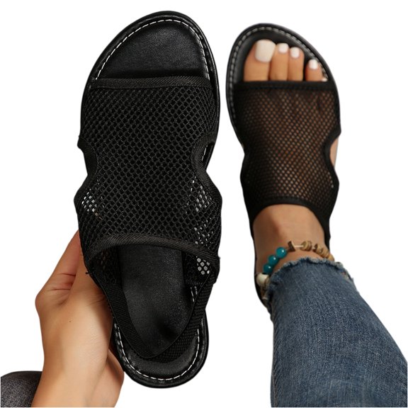 CIENVNSTG Womens Open Toe Flat Sandals Slingback Elastic Back Strap Breathable Mesh Hollow Out Design for Summer Beach Travel Casual Walking Wear Black 36