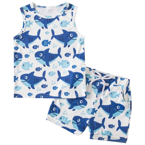 kpoplk Toddler Baby Boy Clothes Summer Outfits 2-Piece Sleeveless Tank Top Shorts Set Dinosaur Print 6M-4T(Blue,18-24 M)