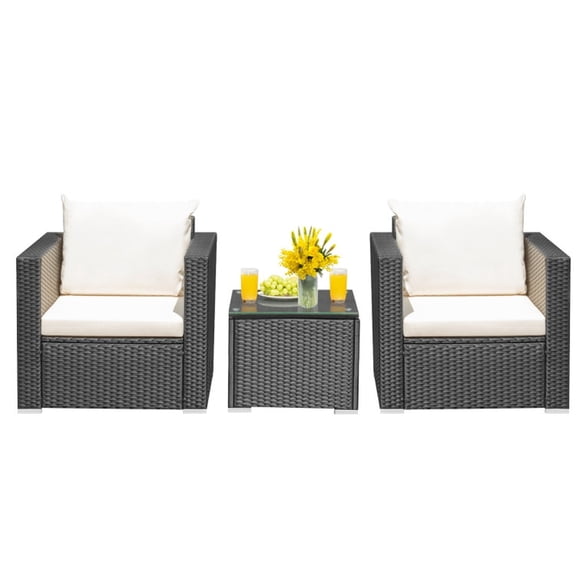 Biotree Patio Furniture Set 3 Piece Wicker Conversation Set with cushions and glass table outdoor conversation set for garden backyard porch balcony, White