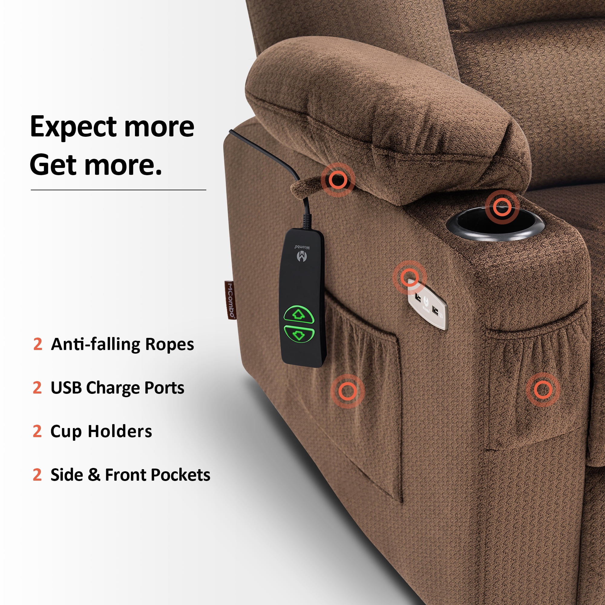 MCombo Large Power Lift Recliner Chair Sofa with Massage and Heat for Elderly People, Extended Footrest, Hand Remote Control, Lumbar Pillow, Cup Holders, USB Ports, Fabric 7549 (Large, Brown)