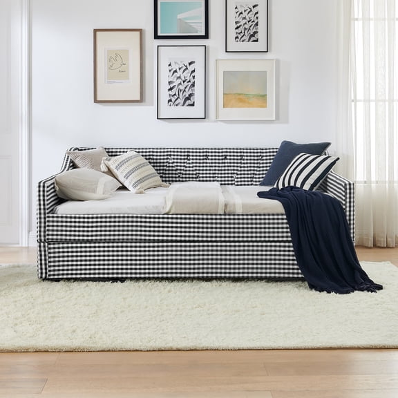 Full Size Upholstered Daybed with Tufted Button Backrest, 3-in-1 Convertible Sofa Bed with Pull-Out Trundle & Side Storage, Versatile Daybed for Guest Room Apartment, Black